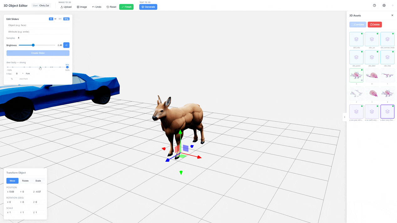 Training-Free Continuous Semantic Editing for 3D Objects
